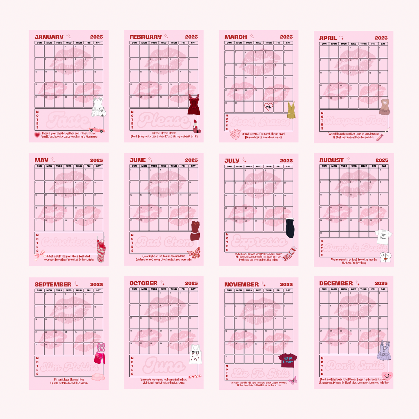 Sabrina Carpenter Inspired 2025 Calendar | Short n Sweet